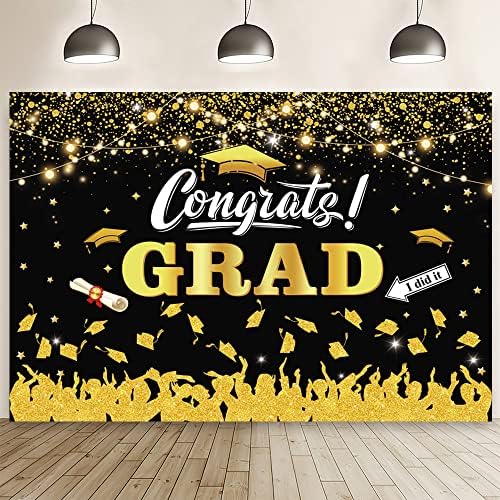 MEHOFOND 7x5ft Congrats Grad Hátteret Fekete Arany Osztály 2023 Érettségi Gratulálok Fotózás Háttér-Arany Csillogó Pontok