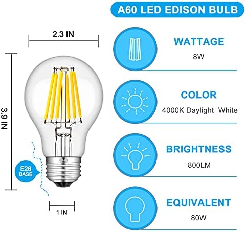 CRLight Sima Tompítása Verzió 8W 19 / A60 Edison LED Izzó, Szabályozható 4000K Nappal Fehér, 80W Egyenértékű 800LM,
