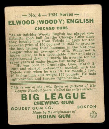 1934 Goudey 4 Elwood angol Chicago Cubs (Baseball Kártya) JÓ Cubs