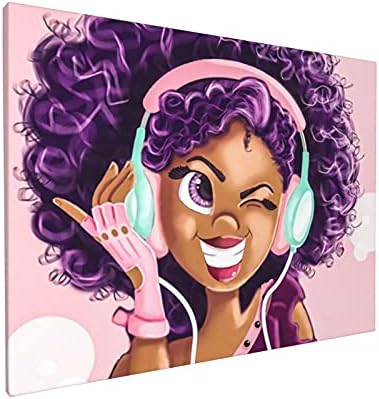 Afro-Amerikai Lány, Vászon Wall Art a Fekete Lány Szerelmes Zene Mágikus Lila Haj, Vászon Művészet Plakát Rózsaszín