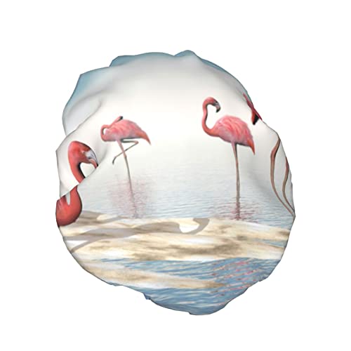 Csapat Rózsaszín Flamingók A Parton Nyomtatott zuhanysapka,Dupla Réteg Fürdő Kalap Női Vízálló Fürdő Zuhanyzóval Caps