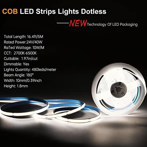 COB LED Szalag Világítás CCT (2700K-6500K Hangolható), 5m/16.4 ft LED Szalag, 640LEDs/m CRI90+ Rugalmas Szalag Fény,
