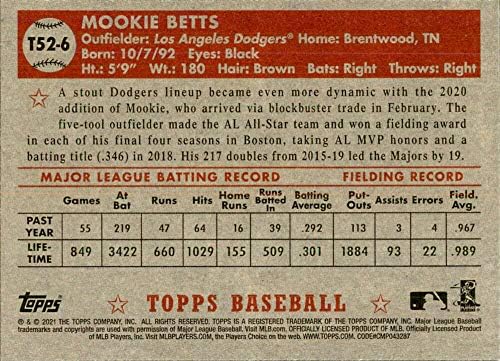 Baseball, MLB 2021 Topps 1952 Topps Redux T52-6 Mookie Betts NM-MT Dodgers