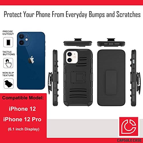 Ohiya Esetben Kompatibilis az iPhone 12 [Katonai szintű Védelem, Ütésálló, nagy teherbírású Állvány Védő Tok Fekete